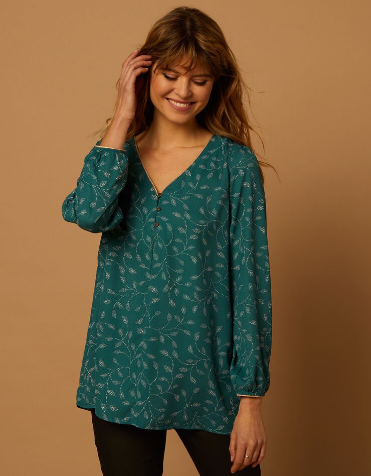 Blouse évasée détails dorés imprimé bicolore, crêpe (vert grisé / blanc) Blouse évasée détails dorés imprimé bicolore, crêpe (vert grisé / blanc)