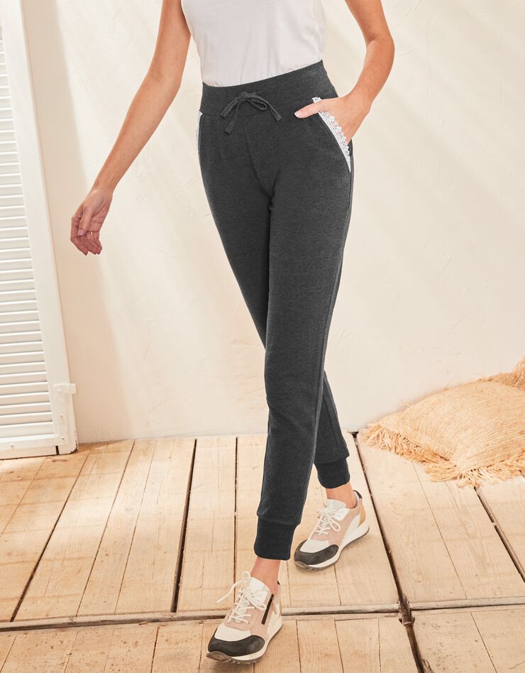 Pantalon uni molleton léger finition bord-côtes (anthracite chiné) Pantalon uni molleton léger finition bord-côtes (anthracite chiné)
