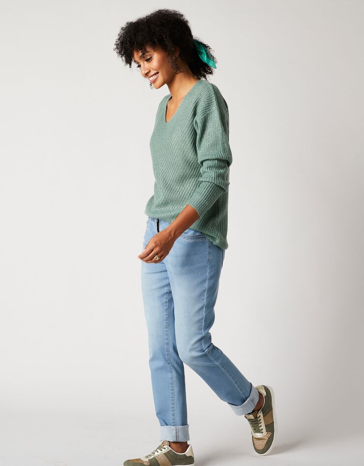 Pull col V, maille anglaise toucher mohair (kaki) Pull col V, maille anglaise toucher mohair (kaki)