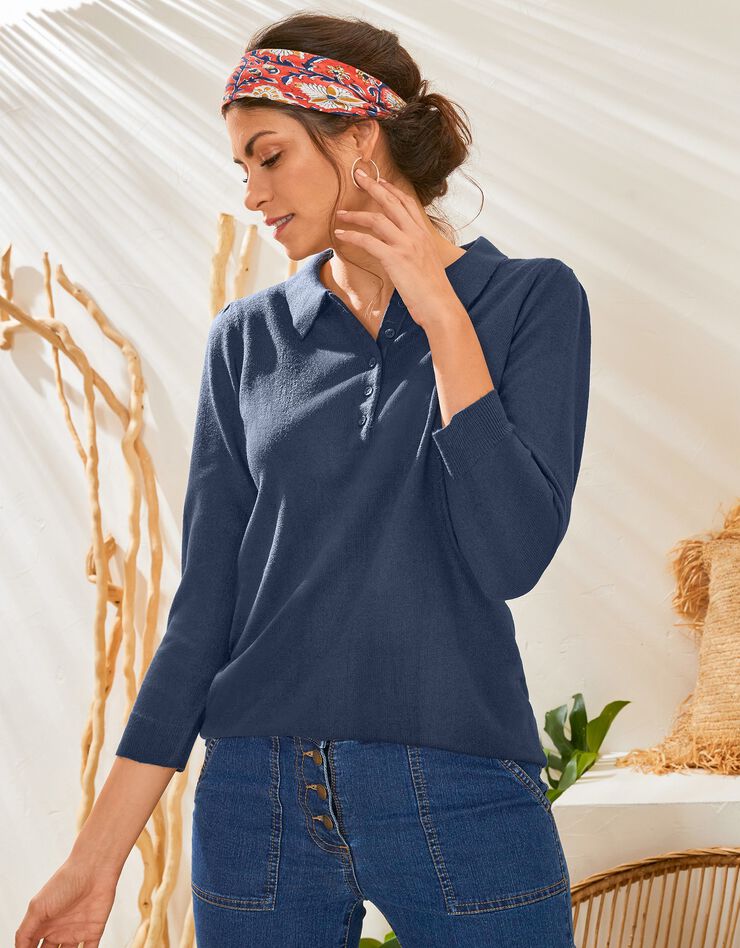 Pull col polo manches 3/4, toucher cachemire (marine) Pull col polo manches 3/4, toucher cachemire (marine)