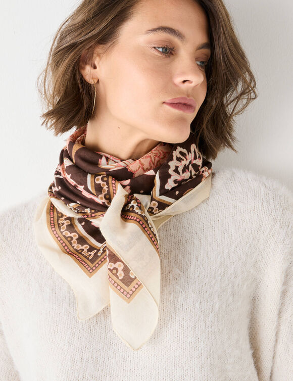 Grand foulard, imprimé fleurs, carré (chocolat)