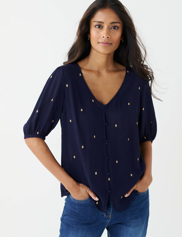 Chemisier imprim&eacute; dor&eacute;, cr&eacute;pon (marine / dor&eacute;)