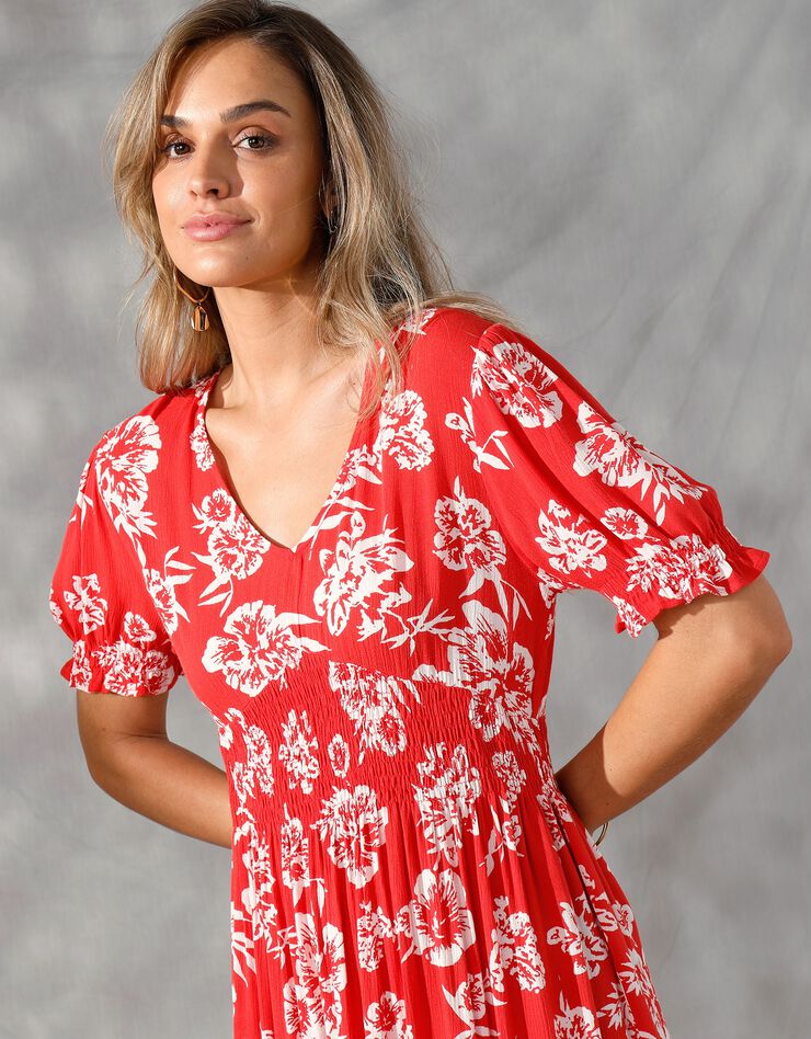 Robe longue découpe smockée imprimée bicolore (rouge / écru)