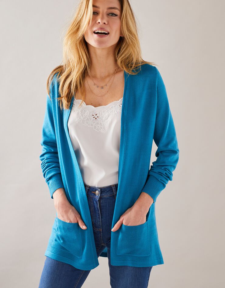 Gilet porter ouvert toucher cachemire (bleu prusse) Gilet porter ouvert toucher cachemire (bleu prusse)