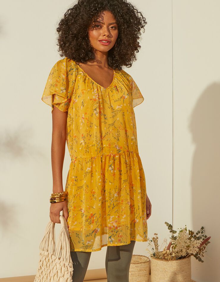 Tunique en voile imprimé, motif floral (miel) Tunique en voile imprimé, motif floral (miel)