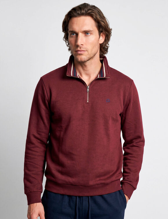 Sweat col camionneur zipp&eacute; int&eacute;rieur col ray&eacute; (lie de vin)