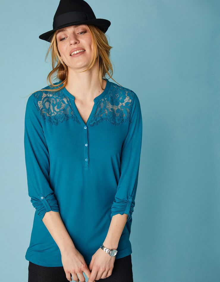 Tee-shirt col tunisien dentelle jersey (bleu prusse) Tee-shirt col tunisien dentelle jersey (bleu prusse)