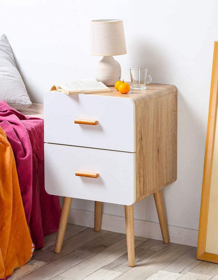 Table de chevet YOLTY 2 tiroirs bois et blanc (blanc)