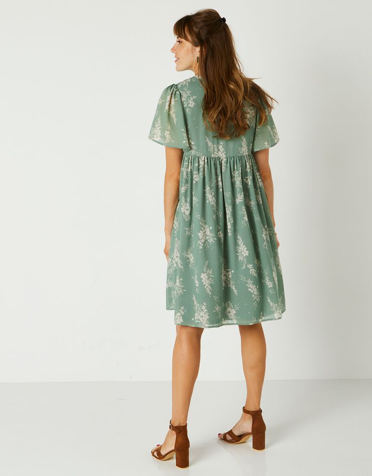 Robe évasée, voile imprimé bicolore (vert / écru)