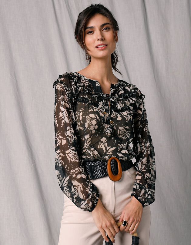 Blouse ample manches longues voile imprimé (noir / écru) Blouse ample manches longues voile imprimé (noir / écru)