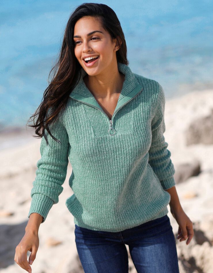 Pull col zippé maille anglaise toucher mohair (céladon chiné) Pull col zippé maille anglaise toucher mohair (céladon chiné)