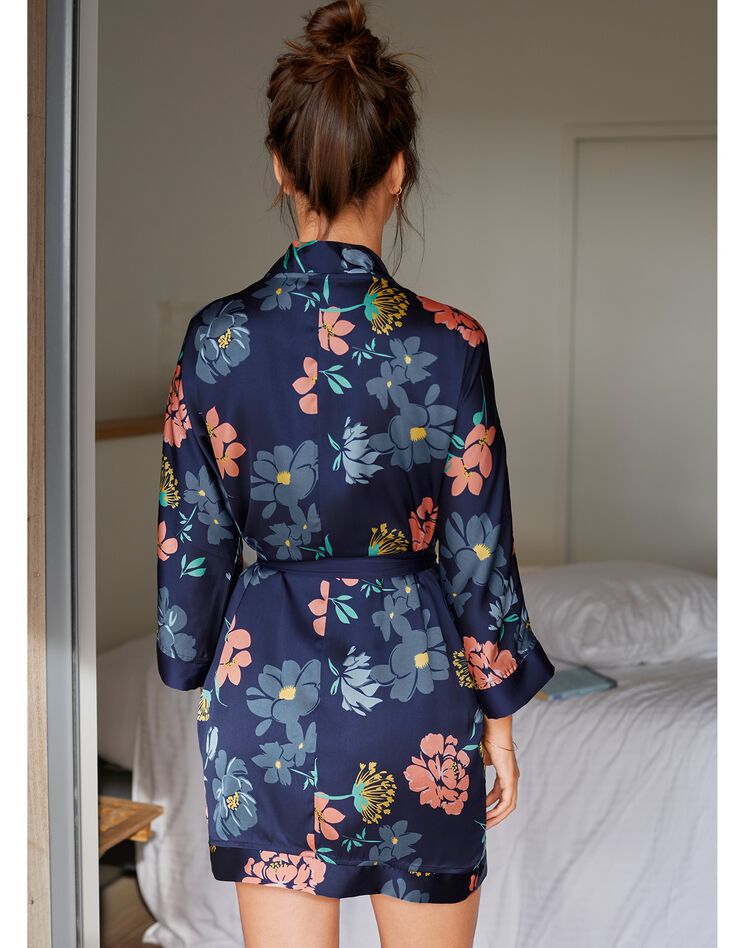 Kimono court satin imprimé floral (marine / corail)