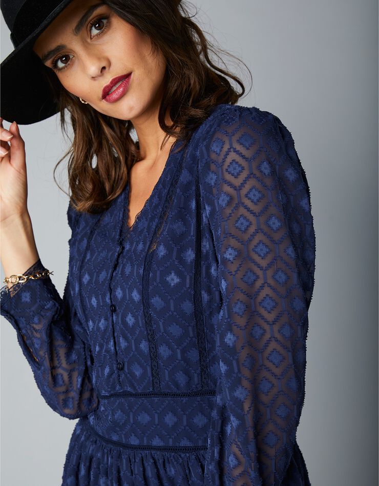 Robe en voile jacquard, finition dentelle (bleu marine) Robe en voile jacquard, finition dentelle (bleu marine)