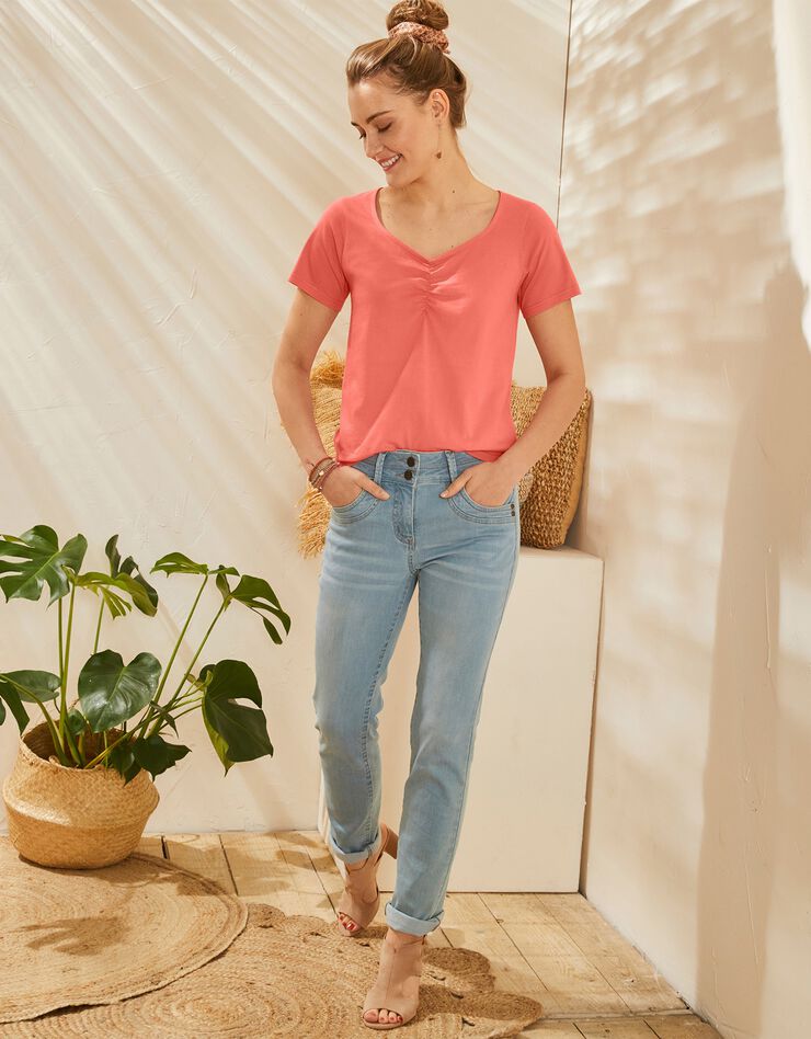 Tee-shirt col carré froncé uni coton bio (mandarine) Tee-shirt col carré froncé uni coton bio (mandarine)