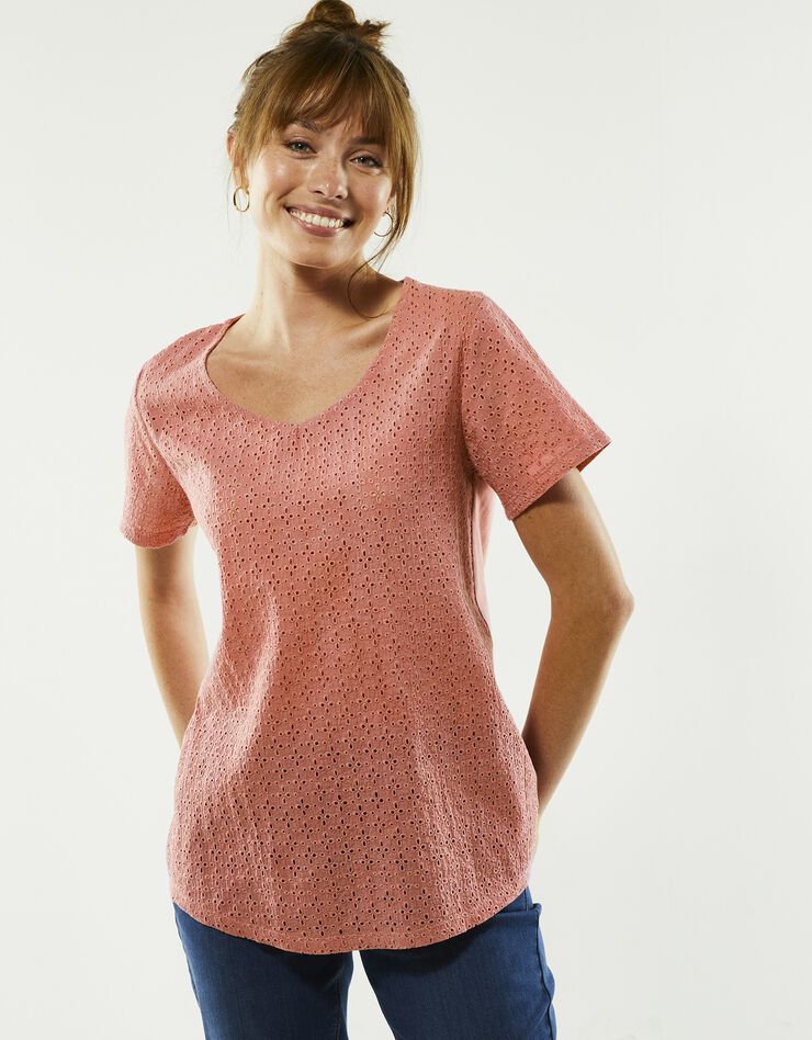 T-shirt col V, broderie anglaise (terracotta)
