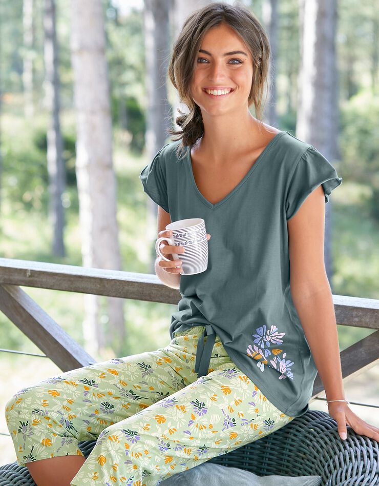Tee-shirt pyjama manches courtes imprimé placé "pétales de fleurs" (vert sauge)