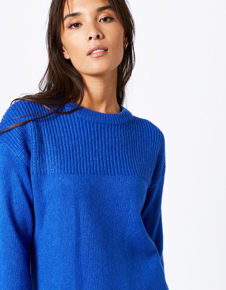 Pull col rond maille anglaise et jersey (bleu dur)