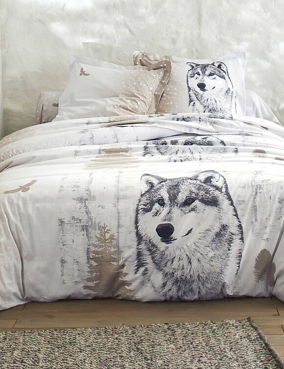 Linge de lit Artic imprim&eacute; chien-loup - coton (taupe)
