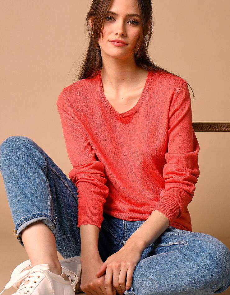 Pull col rond uni toucher cachemire (corail) Pull col rond uni toucher cachemire (corail)