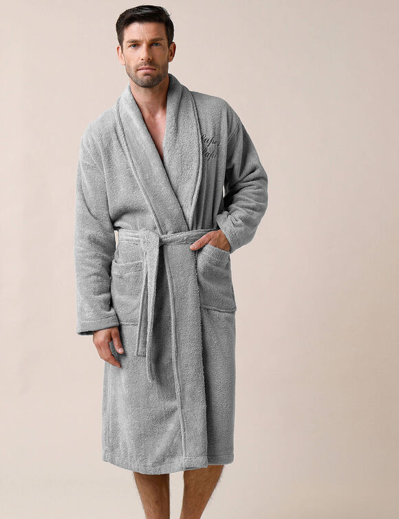 Peignoir mixte adulte éponge bouclette col châle personnalisable (gris)