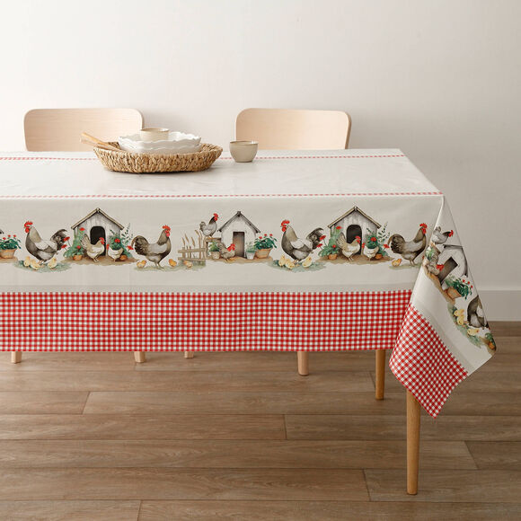 Nappe toile cirée motif poules (beige / rouge)