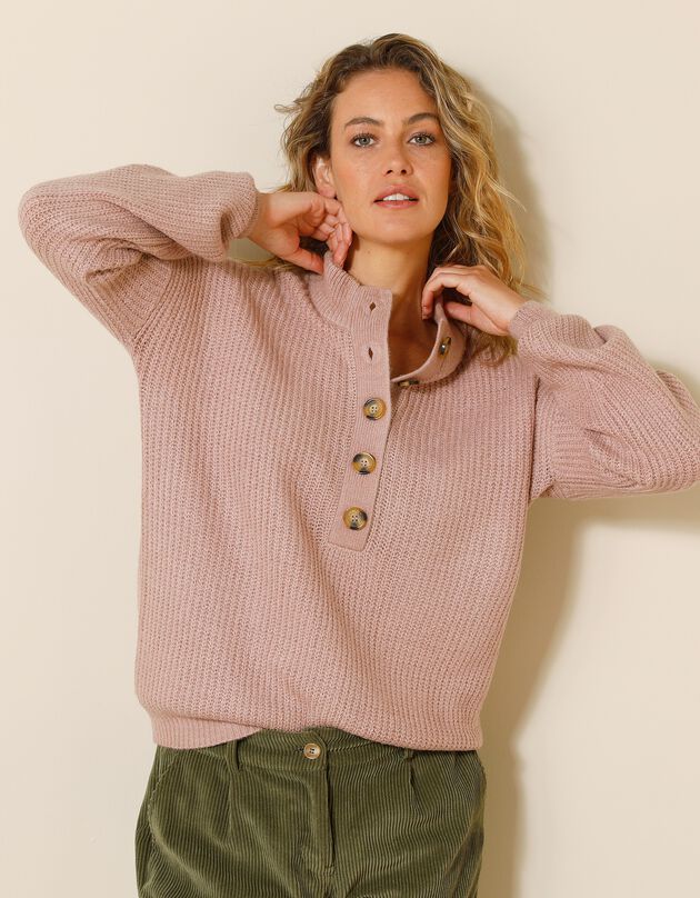 Pull col boutonné maille anglaise  (rose grisé)