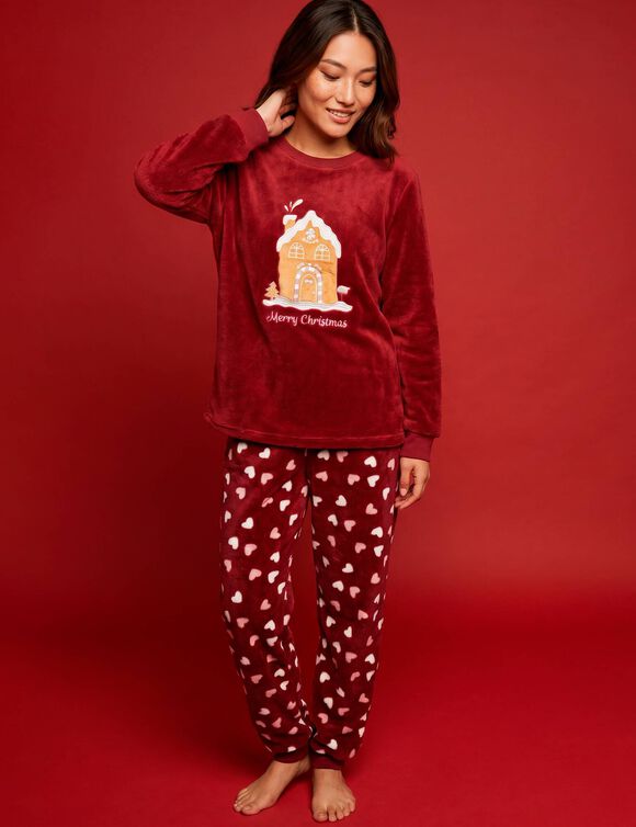 Pyjama "maison", maille polaire toucher peluche (rouge)