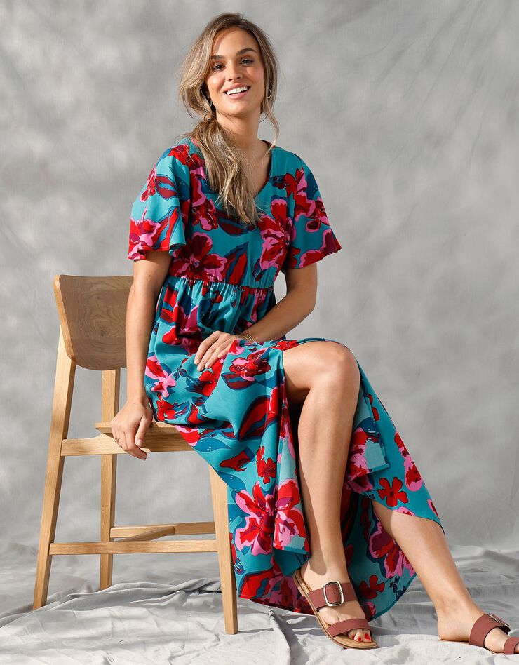 Robe longue manches "papillon" imprimée grandes fleurs (lagon / corail)