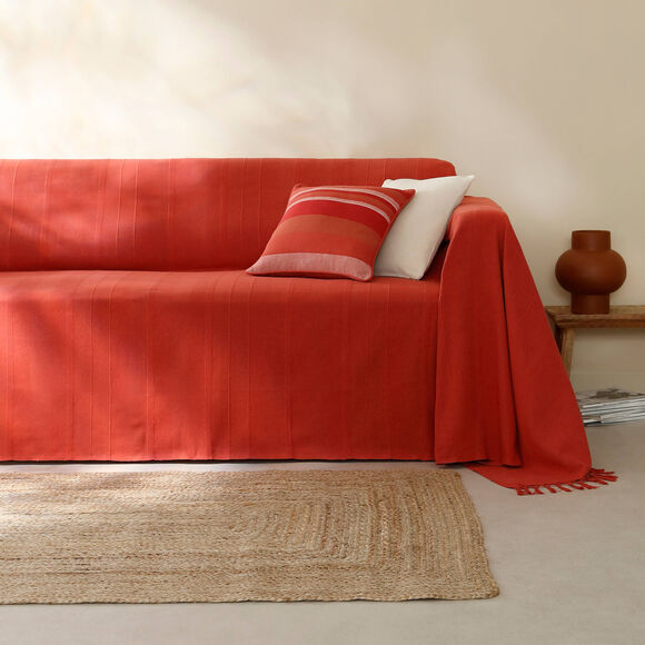   Plaid ou jet&eacute; uni coton tissage artisanal (terracotta)