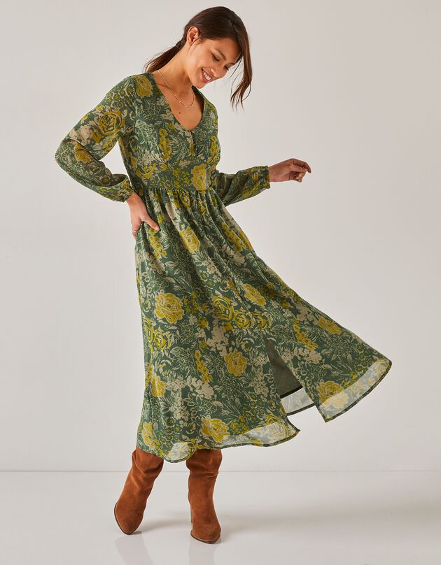 Robe évasée imprimée, voile, spéciale petites (kaki)