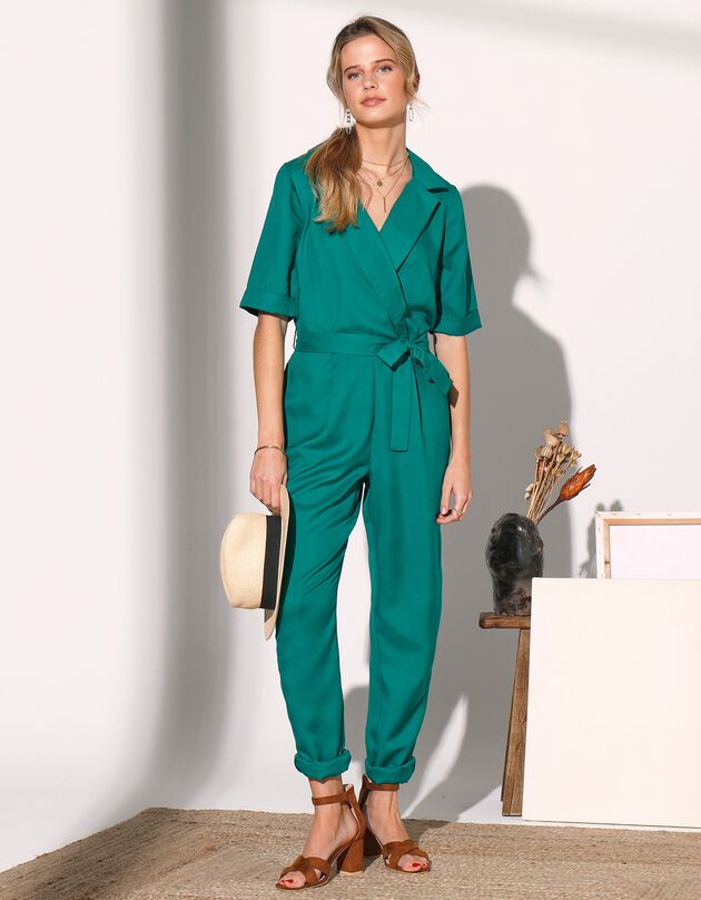 Combinaison pantalon fluide décolleté cache-coeur (vert)