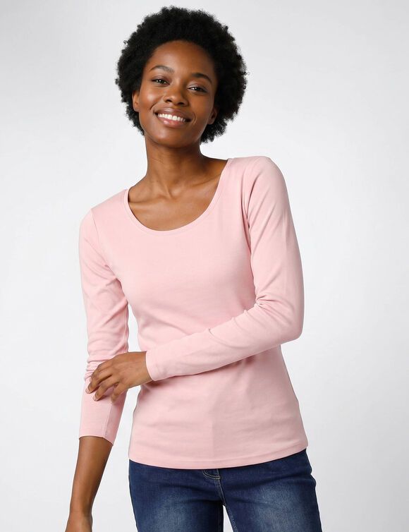 T-shirt uni manches longues en coton biologique(**) (rose poudr&eacute;)