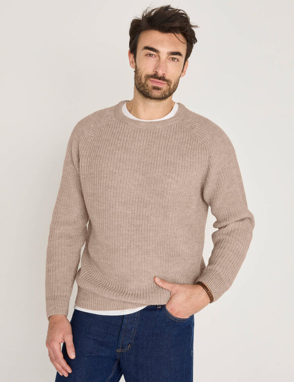 Pull col rond manches marteau c&ocirc;tes anglaises 30% laine (beige moulin&eacute;)