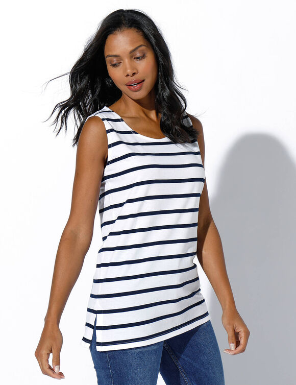 D&eacute;bardeur ray&eacute; col rond (blanc / marine)