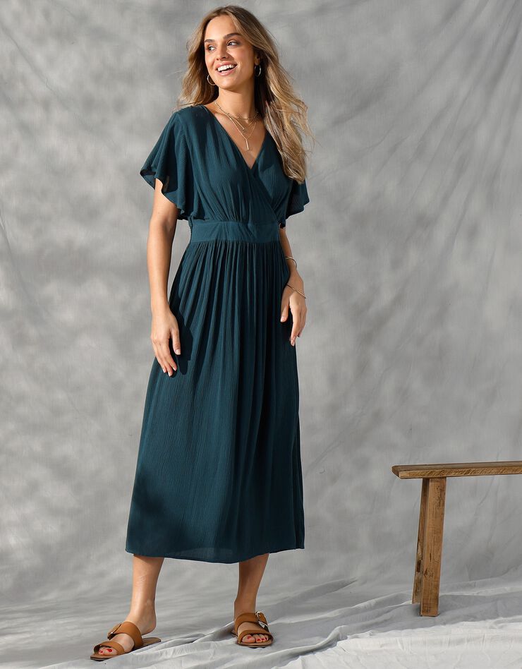 Robe volantée, crépon léger (vert foncé)