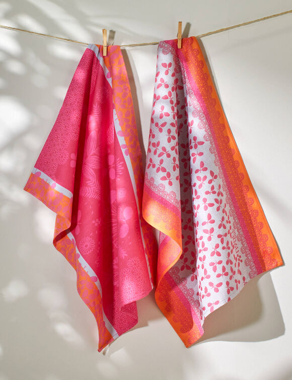 Torchon jacquard jardin d'&eacute;t&eacute; coton tiss&eacute;-teint - lot de 2 (rose)