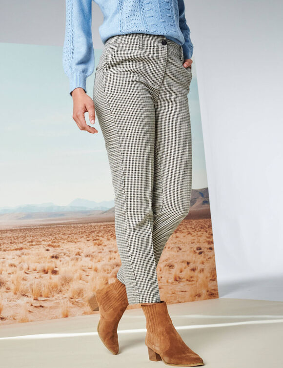 Pantalon cigarette 7/8ème, imprimé pied-de-poule (beige / chocolat)