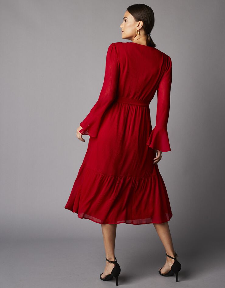 Robe longue volantée manches longues, en voile créponné (rouge)
