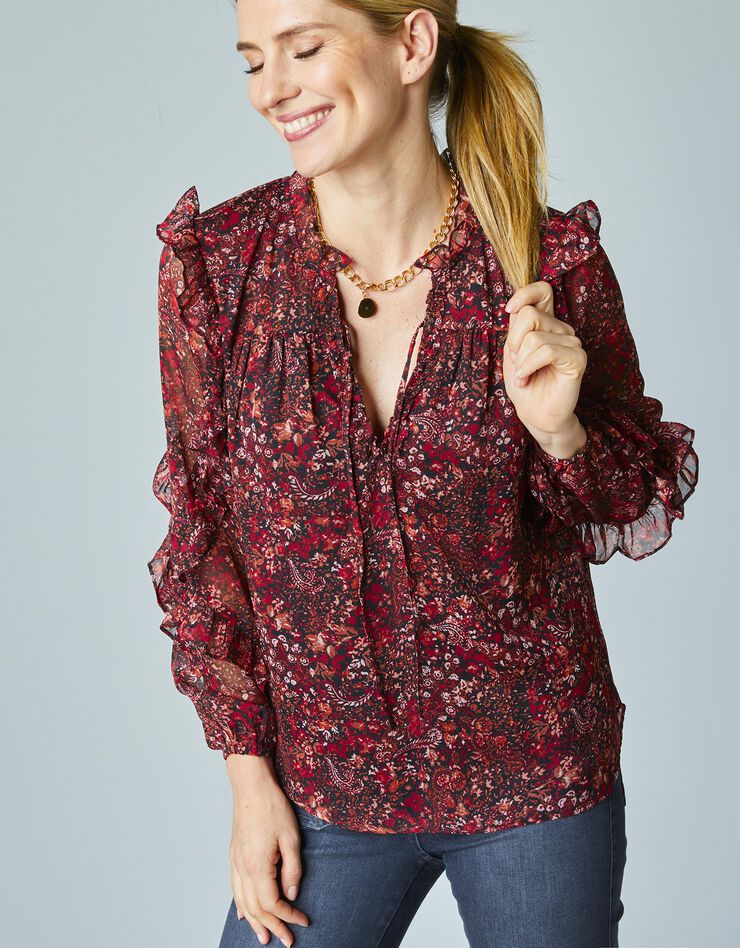 Blouse fleurie automnale en voile volanté (noir / terracotta) Blouse fleurie automnale en voile volanté (noir / terracotta)