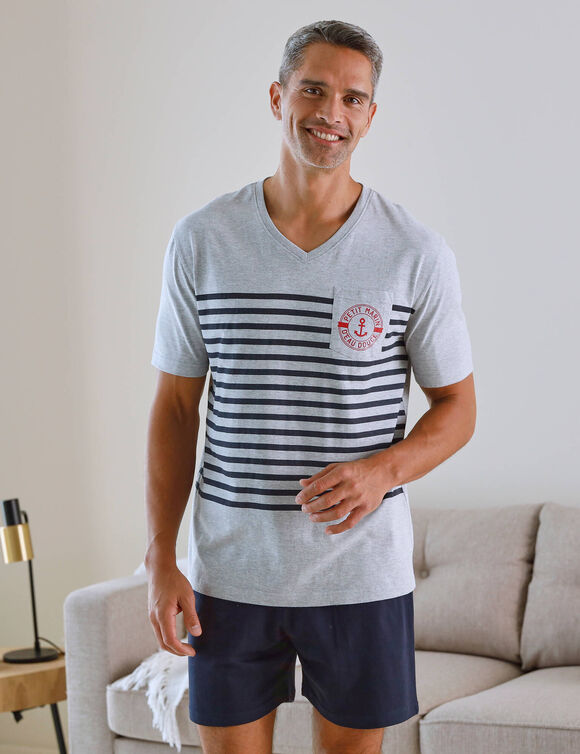 Pyjama short col V à message (gris chiné / marine)