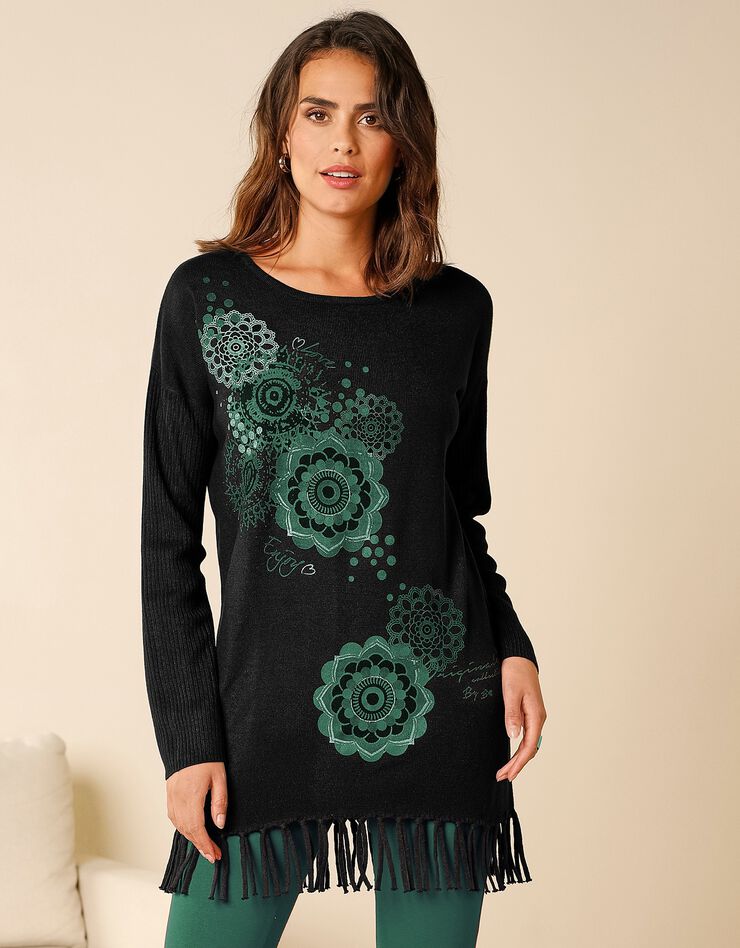Pull à franges imprimé (noir / vert) Pull à franges imprimé (noir / vert)
