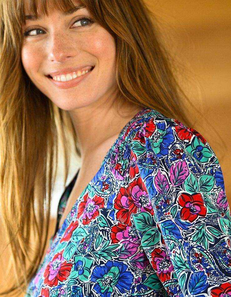 Blouse smocks épaules imprimé fleuri (bleu / vert) Blouse smocks épaules imprimé fleuri (bleu / vert)