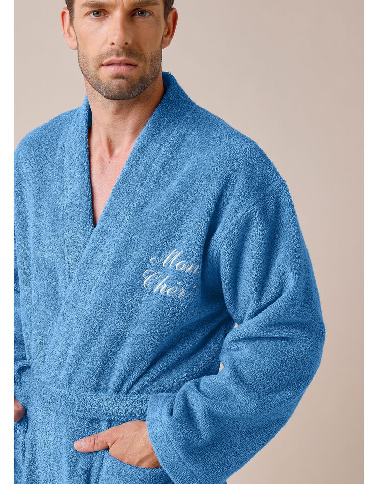 Peignoir mixte adulte uni coton éponge bouclette col kimono personnalisé (bleu jean)