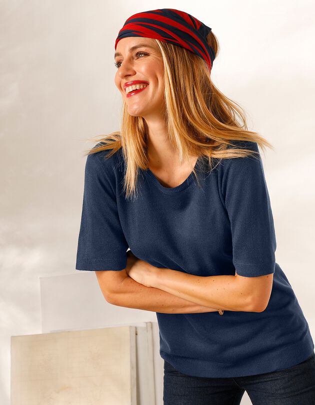 Pull uni manches courtes toucher cachemire (marine)