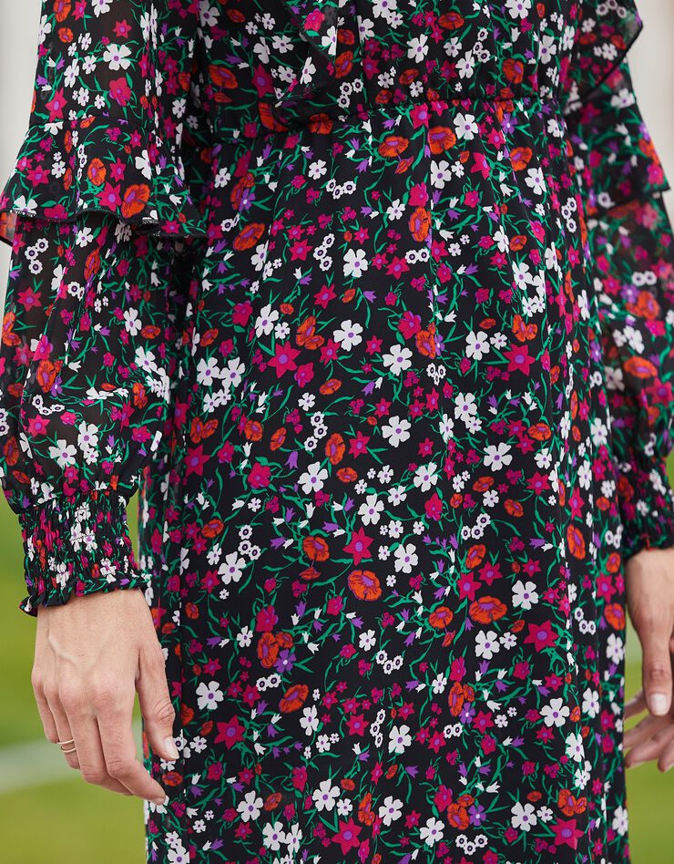 Robe imprimée détails volantés, voile (noir / fuchsia) Robe imprimée détails volantés, voile (noir / fuchsia)