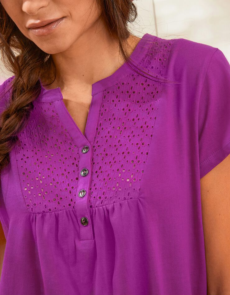 Tee-shirt boutonné broderie anglaise (violine) Tee-shirt boutonné broderie anglaise (violine)