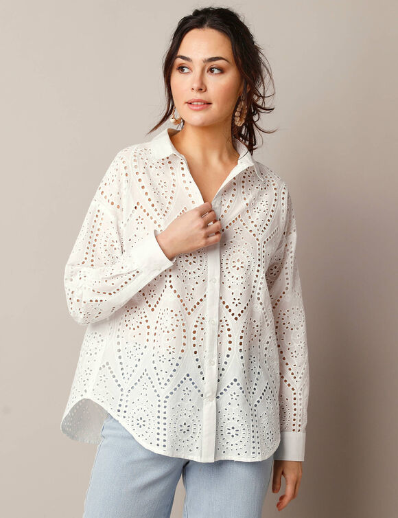 Chemisier broderie anglaise, manches longues (blanc)