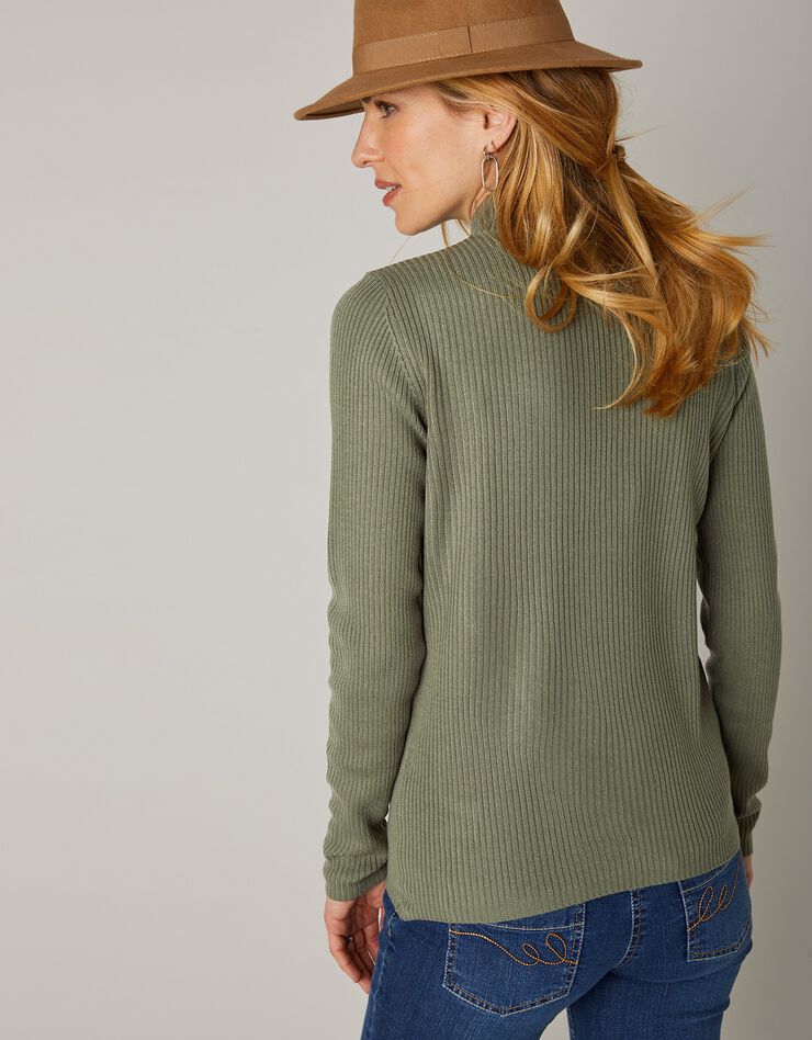 Pull col montant zippé maille côtelée (kaki) Pull col montant zippé maille côtelée (kaki)