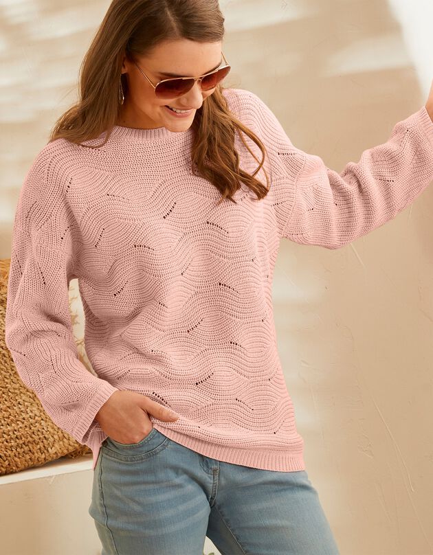 Pull manches longues, maille fantaisie (rose poudré)