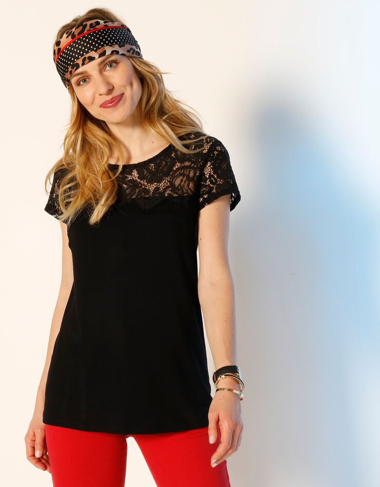Tee-shirt dentelle col rond manches courtes (noir) Tee-shirt dentelle col rond manches courtes (noir)